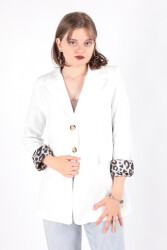 Aynaz 14513 Kadın Leopar Desen Astarlı Blazer Ceket Beyaz 