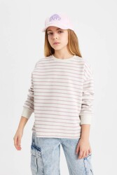 Defacto B7378A8 Ss Kız Çocuk Relax Fit Bisiklet Yaka Çizgili Sweatshirt Pembe 