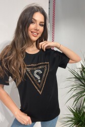 Hadise D9113 Kadın Taşlı Üçgen Desen Tshirt Siyah 