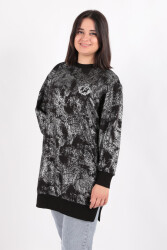 Puane 10450 Kadın Gümüş Varak Baskılı Sweatshirt Tunik Ss Siyah 