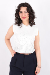 Soul 31720 Kadın Taş Detaylı Triko Kolsuz Crop Bluz Ss Ekru 